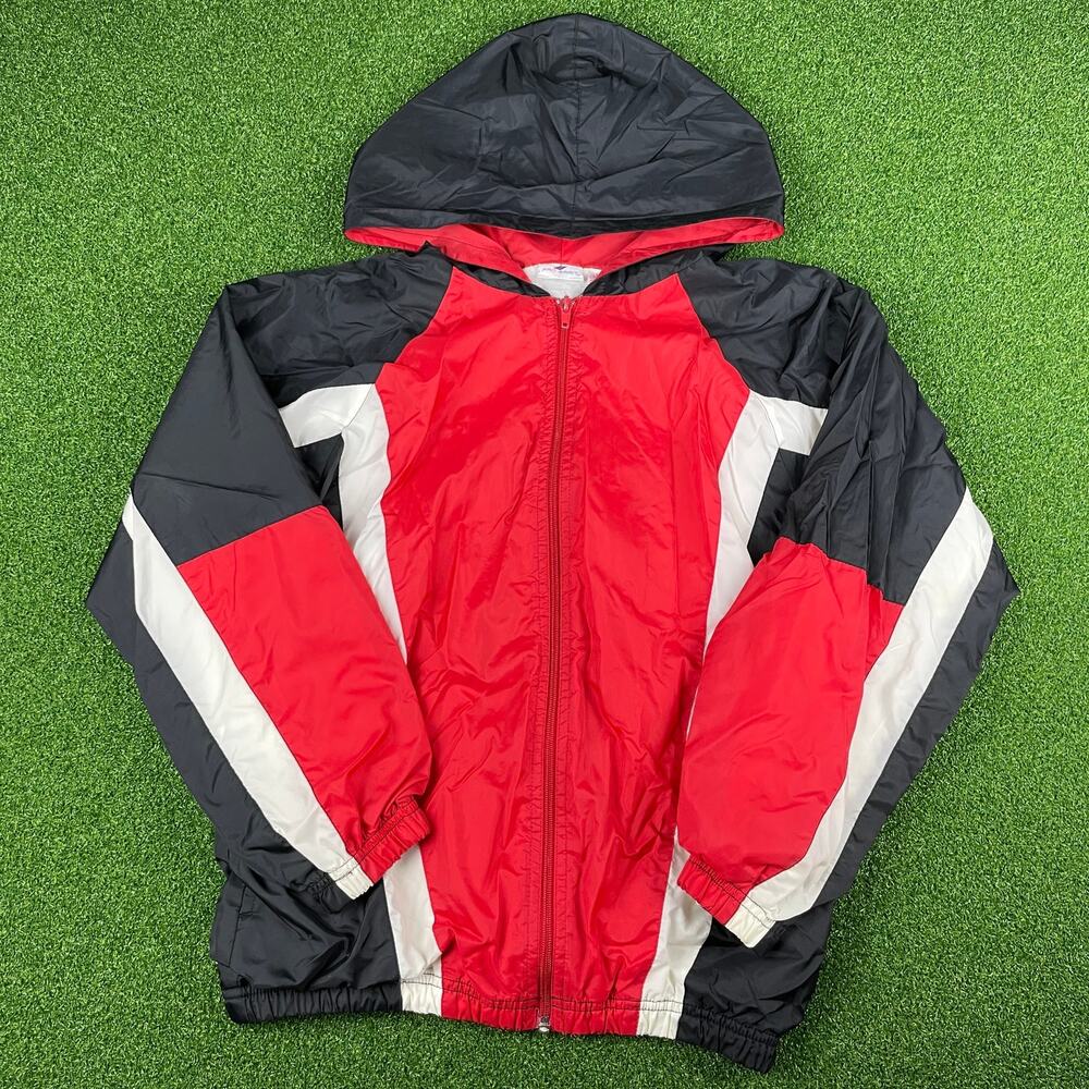 Vintage 90s ProSpirit Red Gray Nylon Hooded Full Zip Windbreaker Jacket Sz L